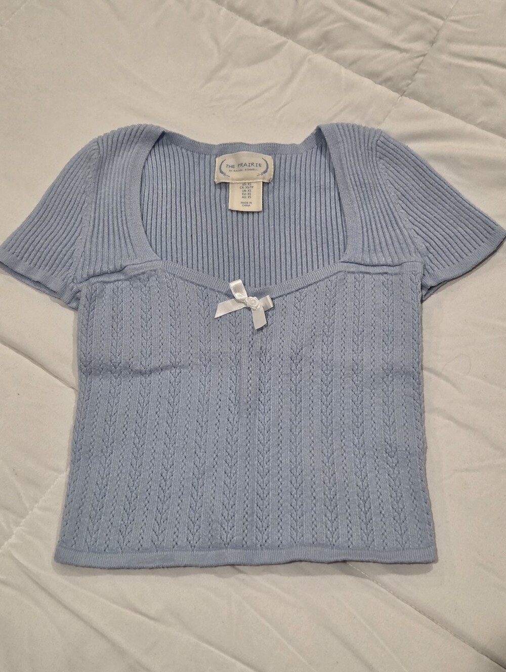 The Prairie by Rachel Ashwell Blue Pointelle Knit Bow Top Size XS
